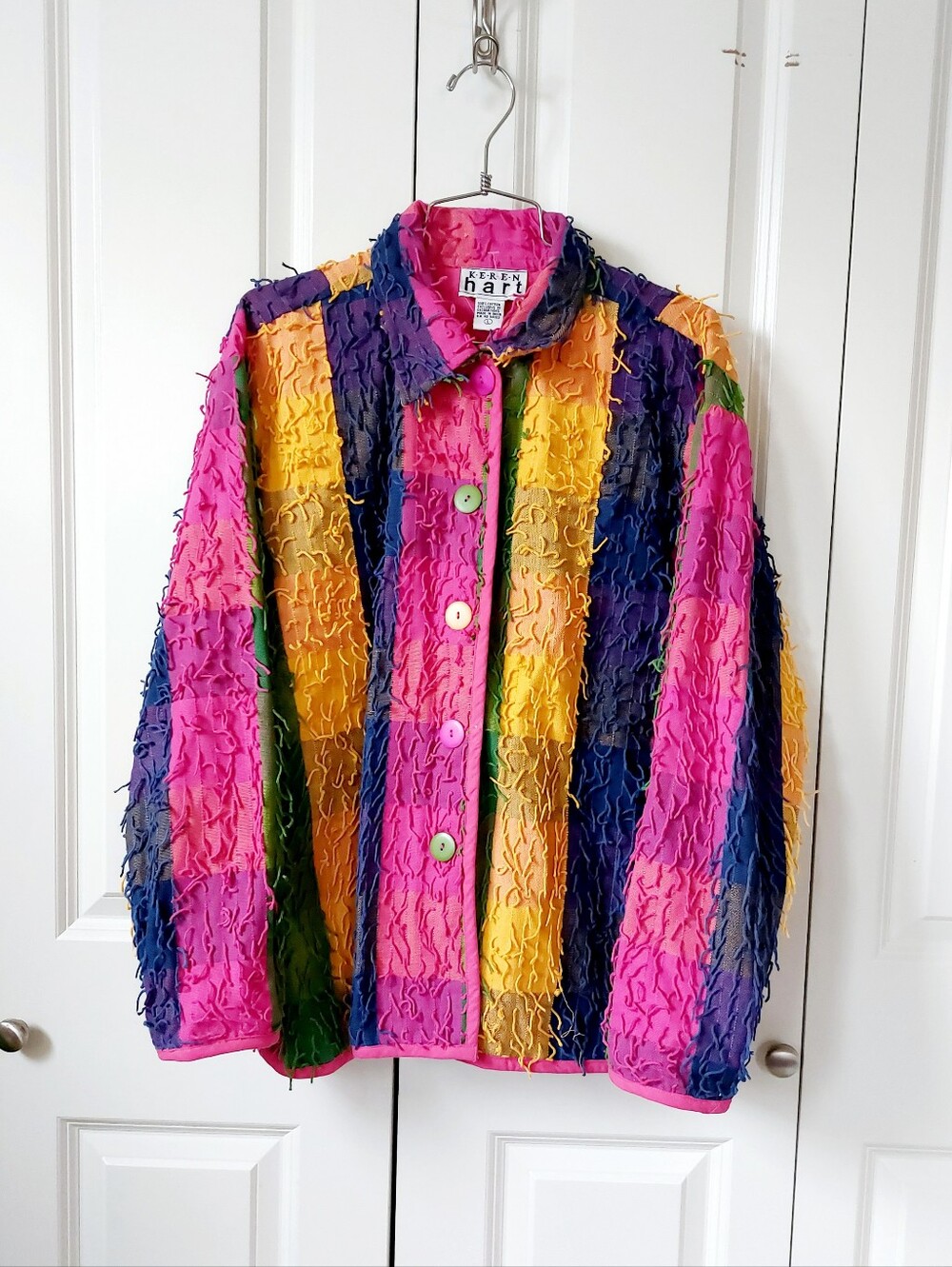 90s Plaid Colorblock Shaggy Thread Rag Jacket Artsy Boho Mardi Gras Keren Hart G